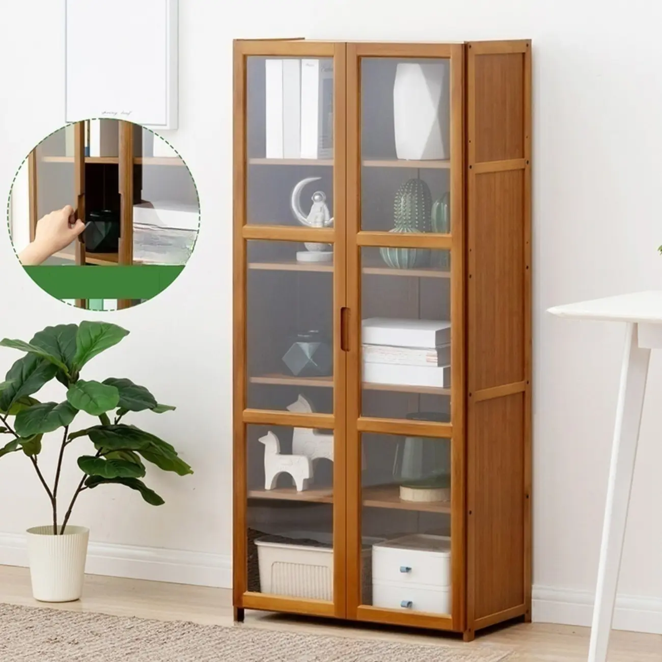 Freestanding Vintage Bamboo Curio Cabinet with Glass Door Image - 12 | homeyfad