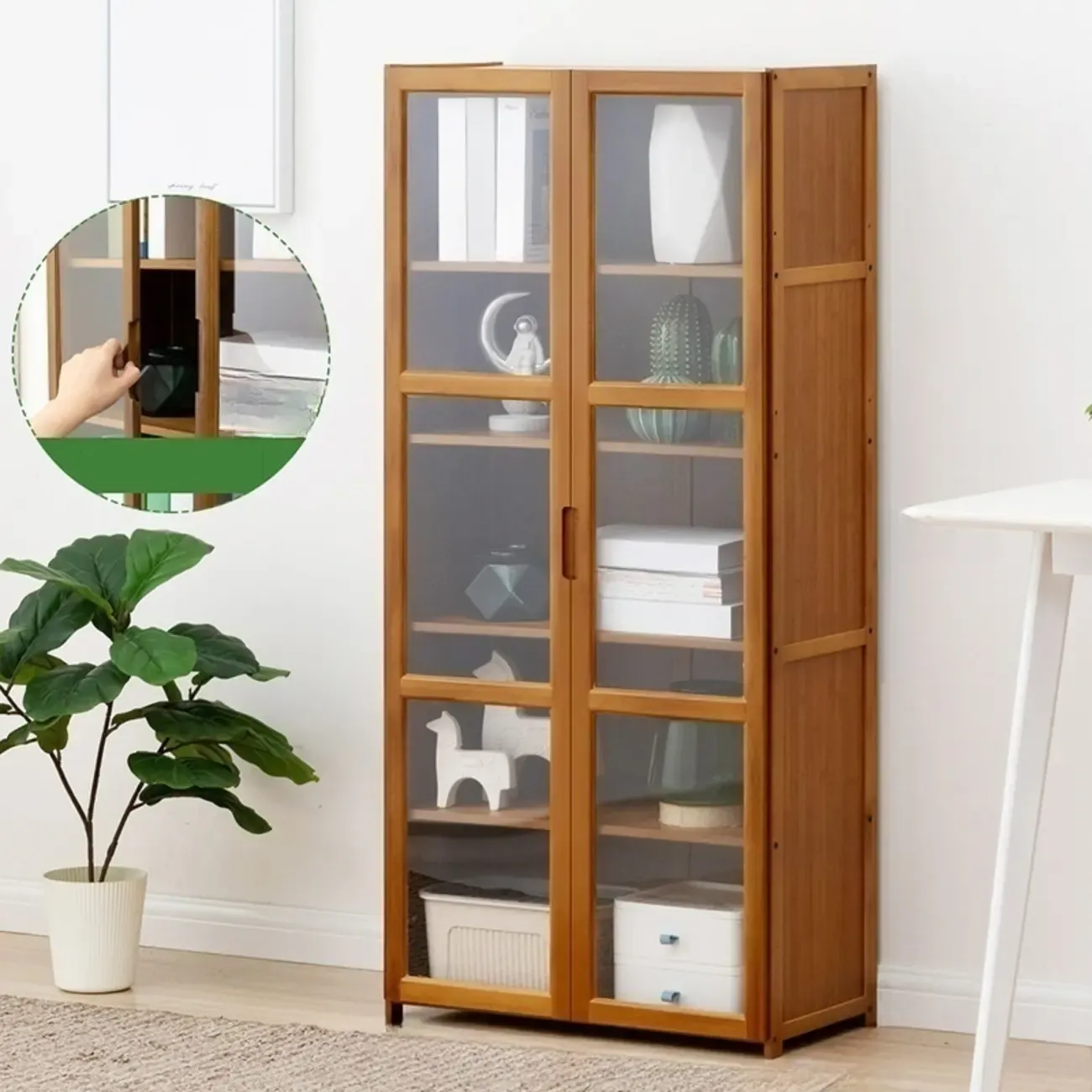 Freestanding Vintage Bamboo Curio Cabinet with Glass Door Image - 12