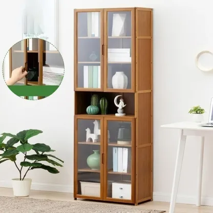 Freestanding Vintage Bamboo Curio Cabinet with Glass Door Image - 15