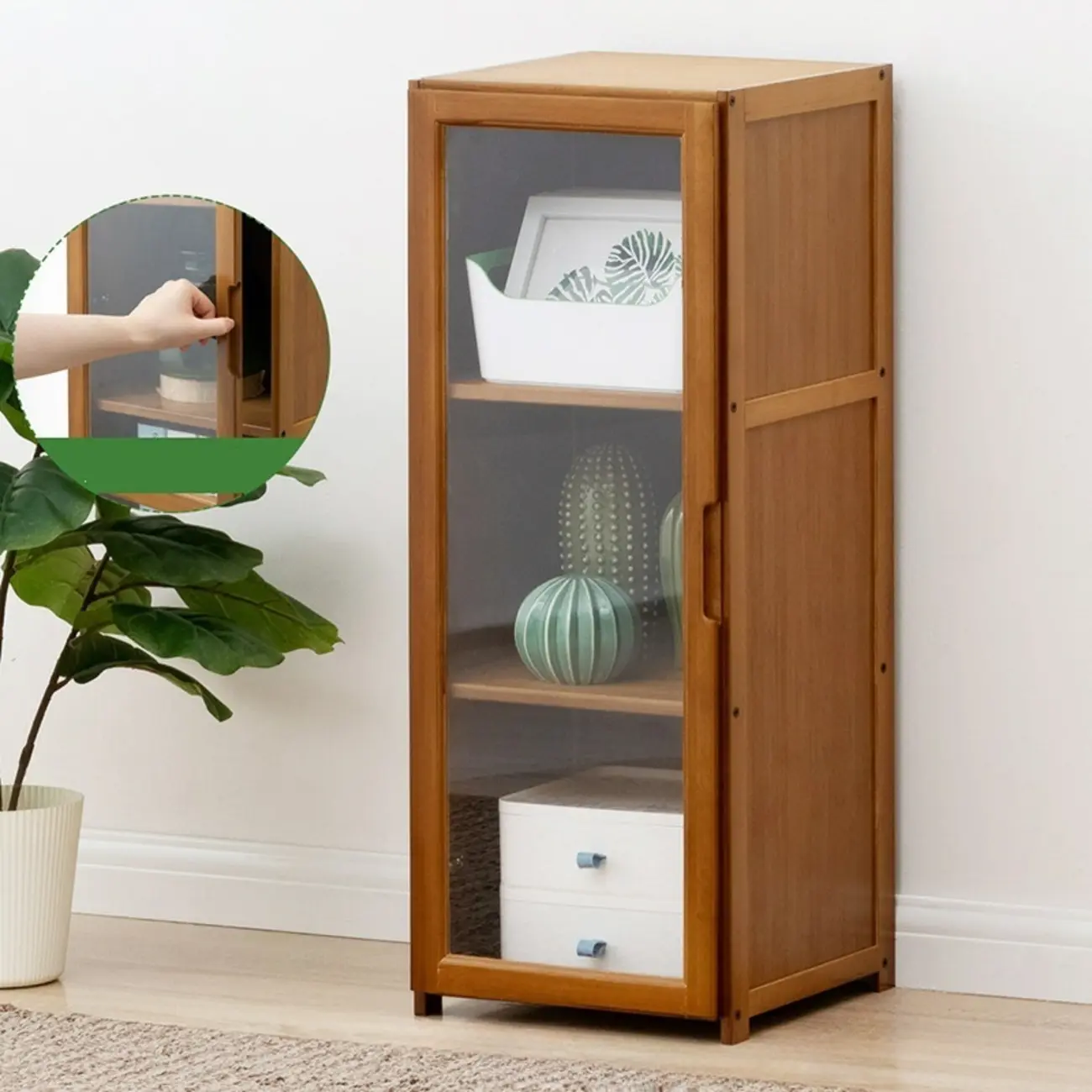Freestanding Vintage Bamboo Curio Cabinet with Glass Door Image - 7 | homeyfad