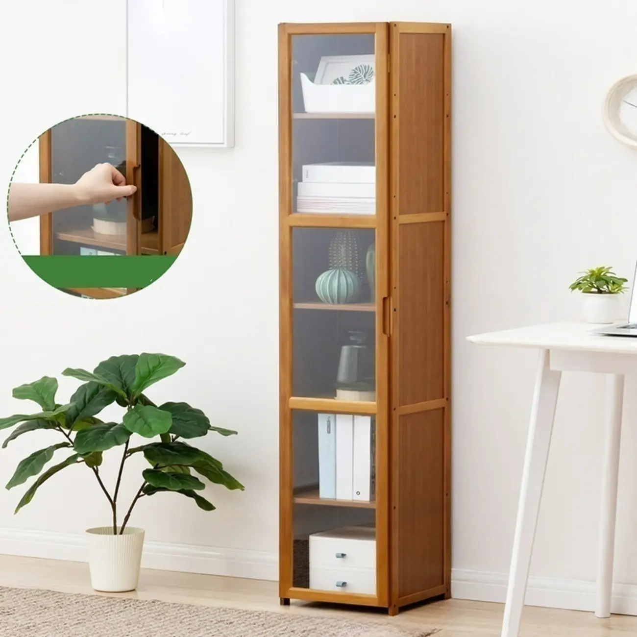 Freestanding Vintage Bamboo Curio Cabinet with Glass Door Image - 10 | homeyfad