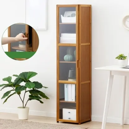 Freestanding Vintage Bamboo Curio Cabinet with Glass Door Image - 10