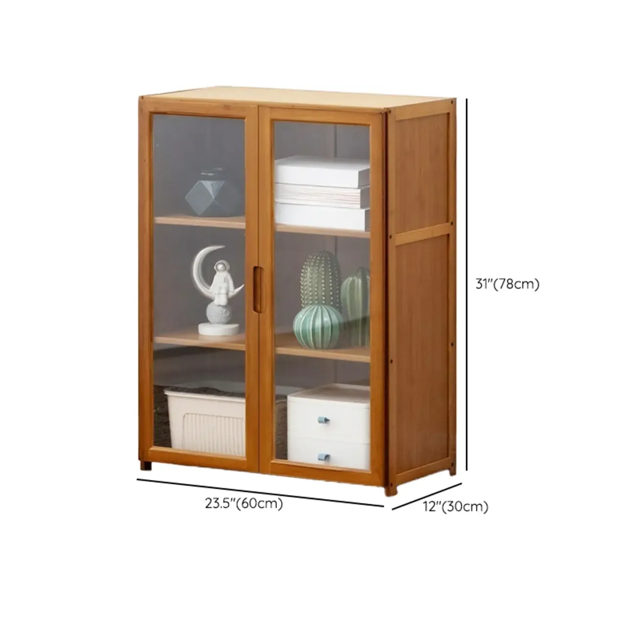 Freestanding Vintage Bamboo Curio Cabinet with Glass Door #size