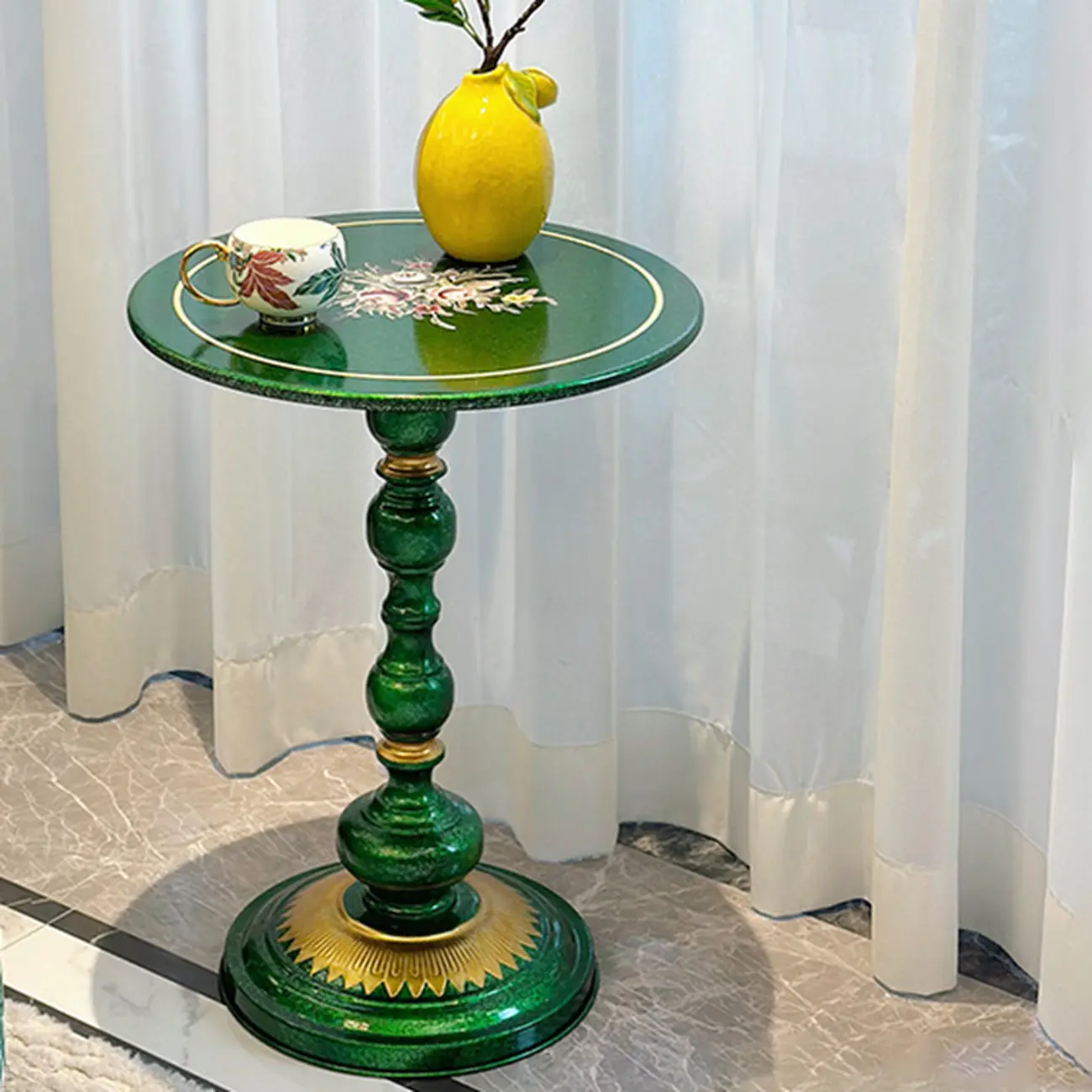 Glam Iron Round Pedestal Side Table in Black/Green Image - 2 | homeyfad