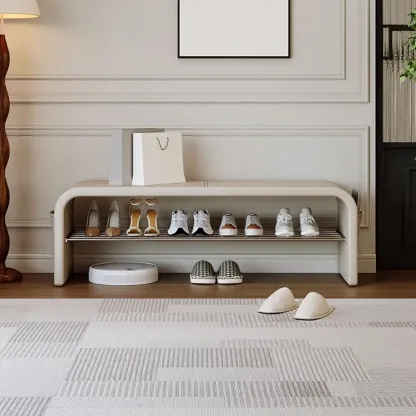 Minimalist Long Leather Cushioned Storage Bedroom Bench Image - 1