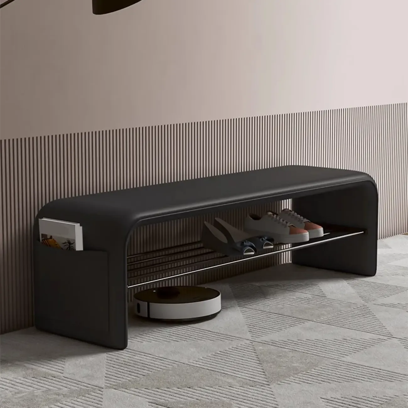 Minimalist Long Leather Cushioned Storage Bedroom Bench Image - 2