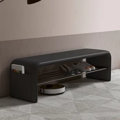 Minimalist Long Leather Cushioned Storage Bedroom Bench Image - 2