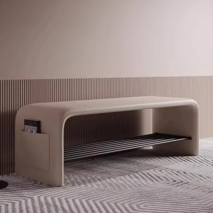Minimalist Long Leather Cushioned Storage Bedroom Bench Image - 6