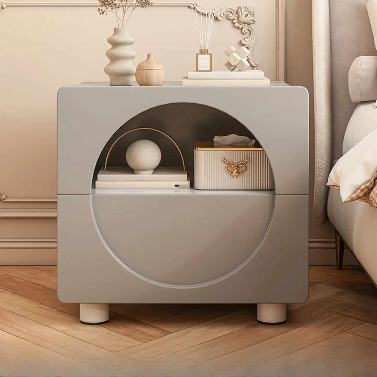 Modern 2-Tier Wooden Small Nightstand in White/Grey Image - 2 | homeyfad