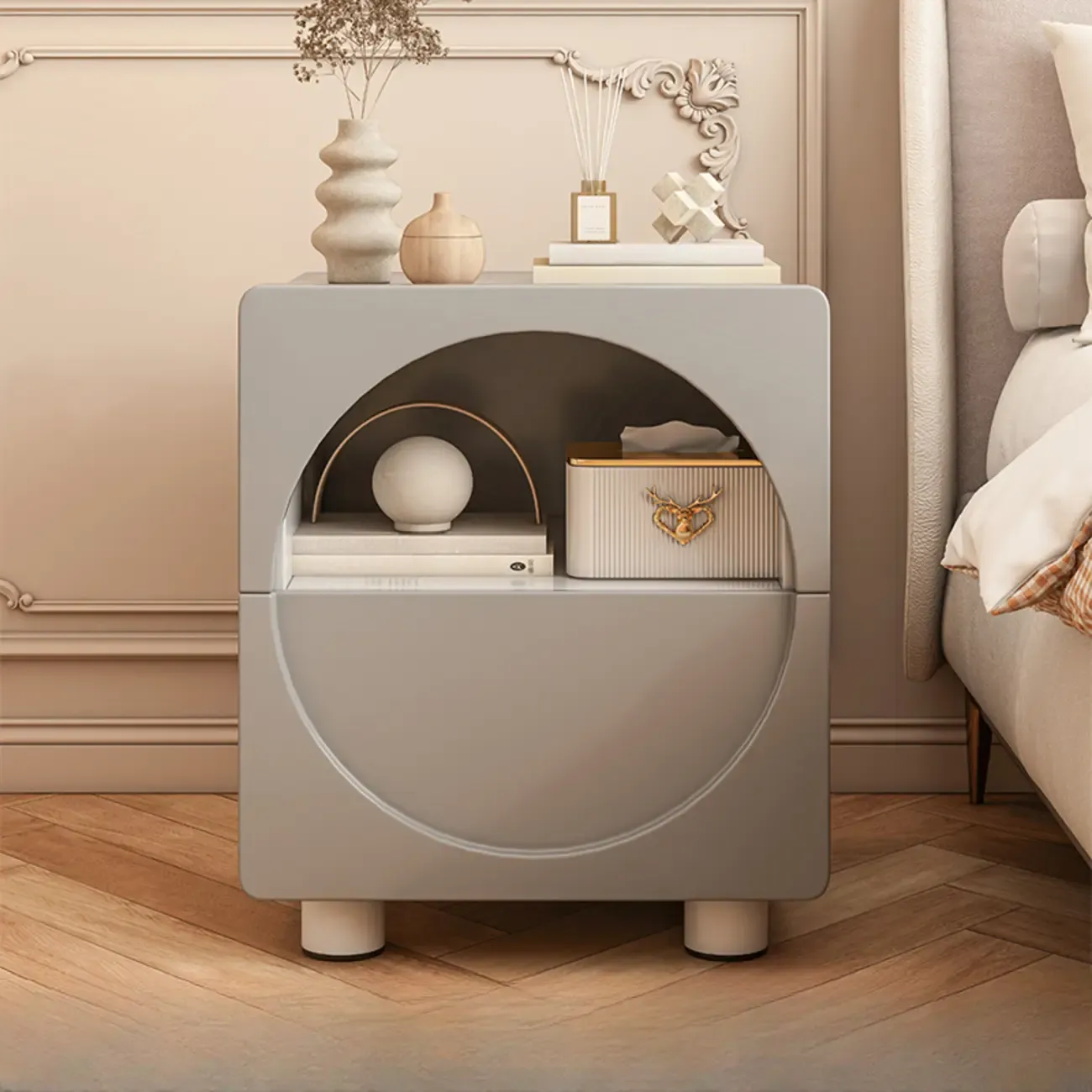 Modern 2-Tier Wooden Small Nightstand in White/Grey Image - 4