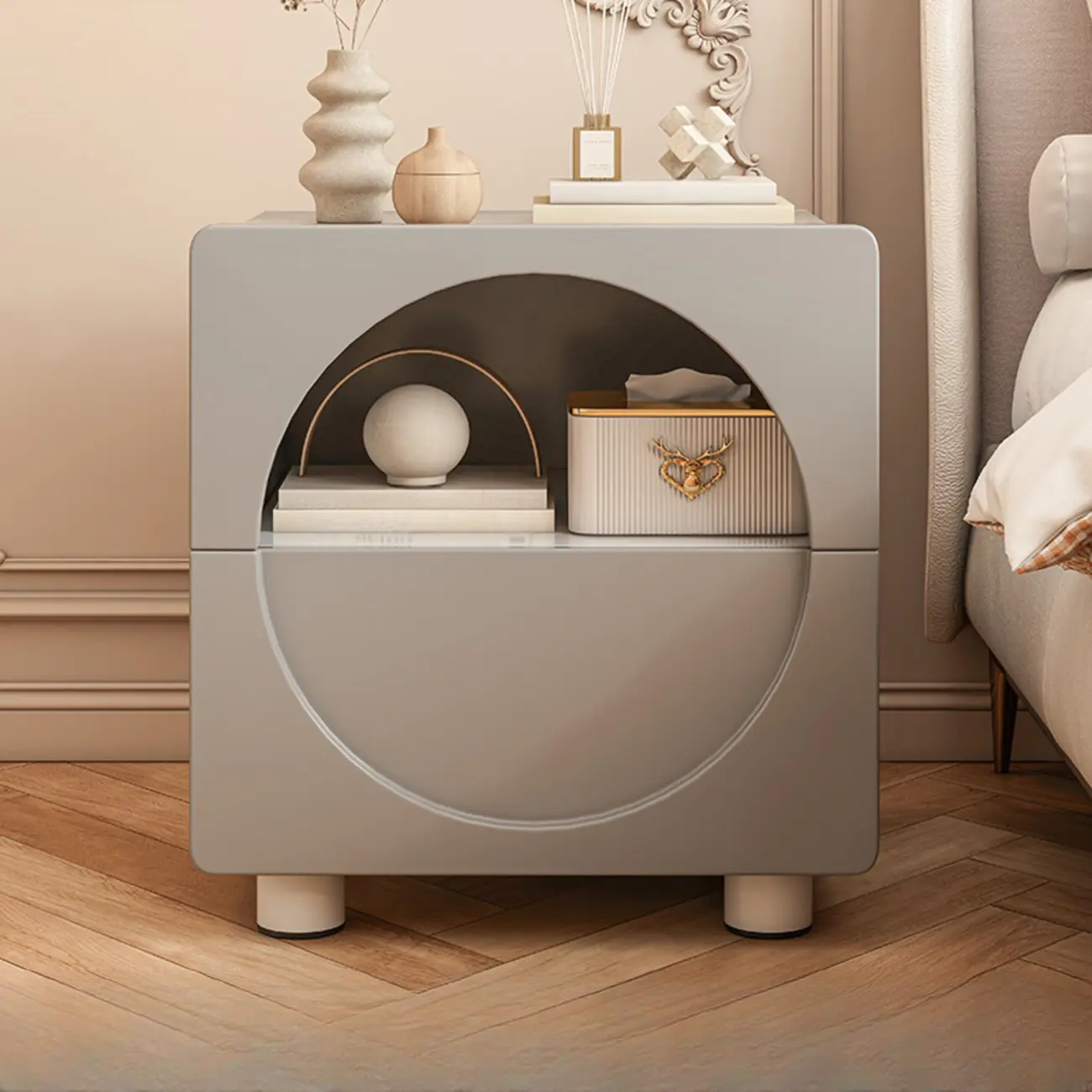 Modern 2-Tier Wooden Small Nightstand in White/Grey Image - 5 | homeyfad