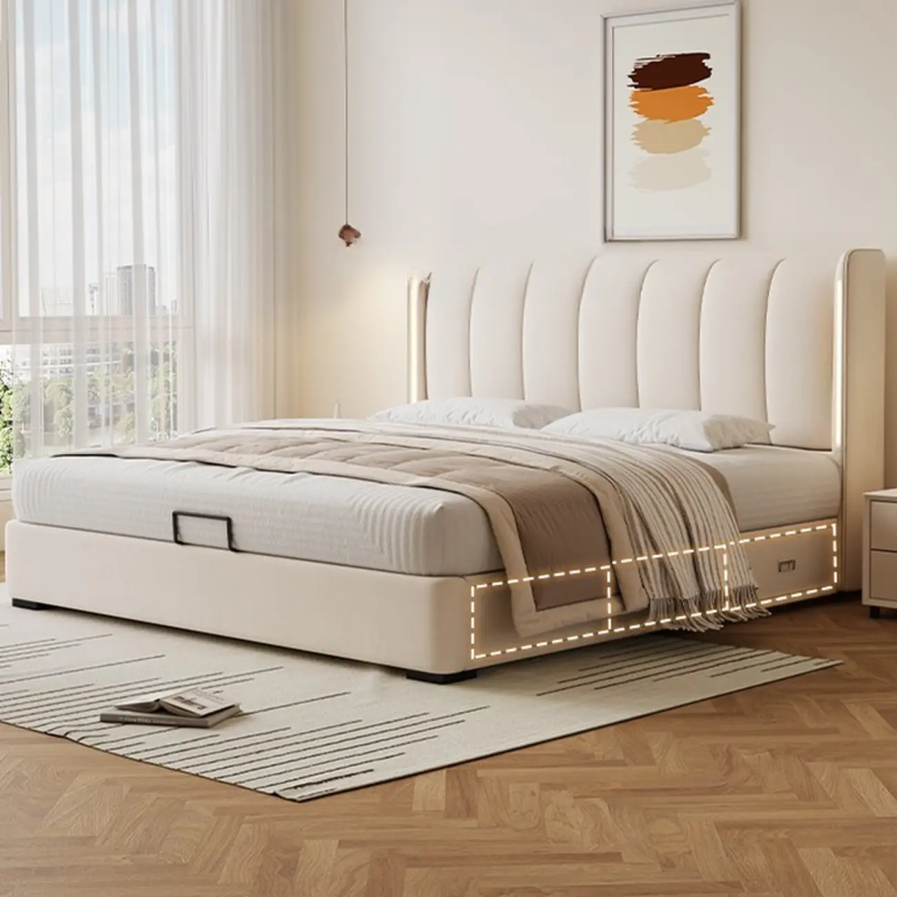 Contemporary White Wingback Lift-Up Storage Platform Bed Image - 2 | homeyfad