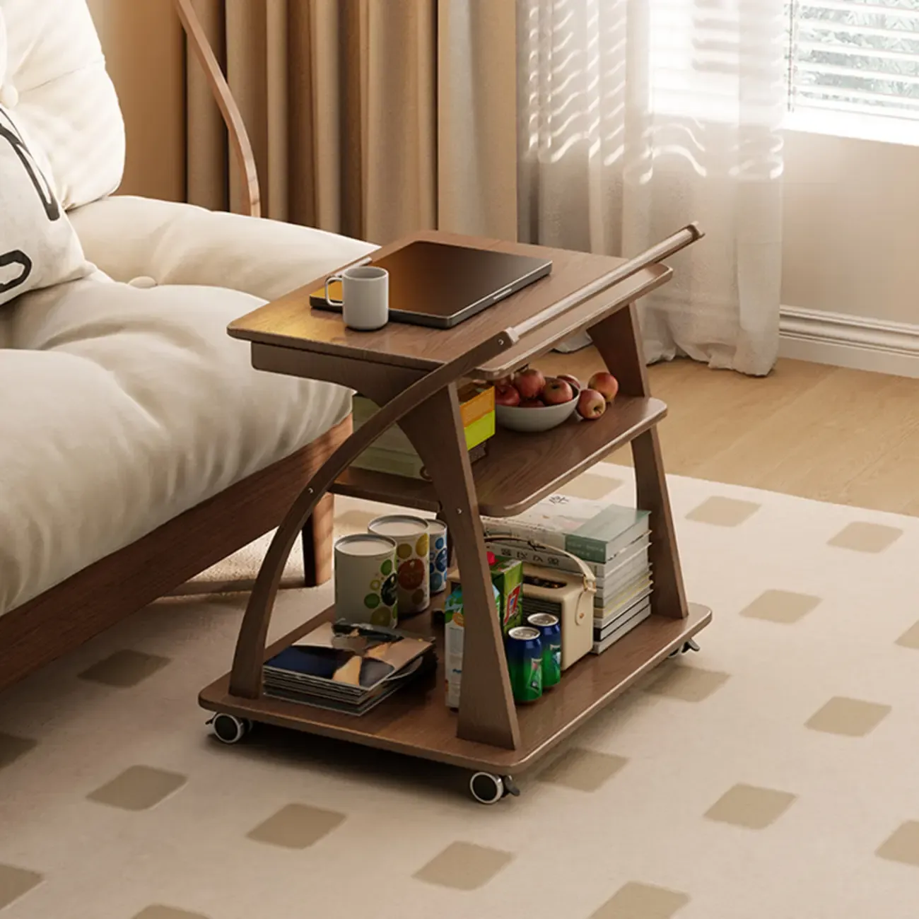 Wooden 3-Tier Rolling Side Table with Tilting Tabletop | HomeyFad