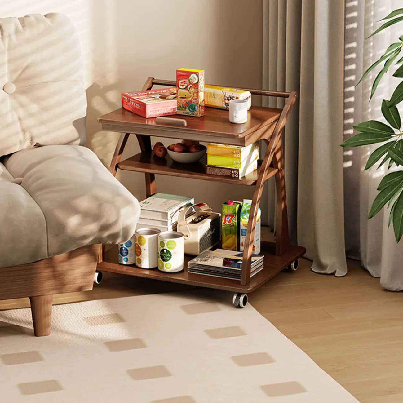 Versatile Nut-Brown Wooden Tiltable Top Wheeled Side Table Image - 3 | homeyfad