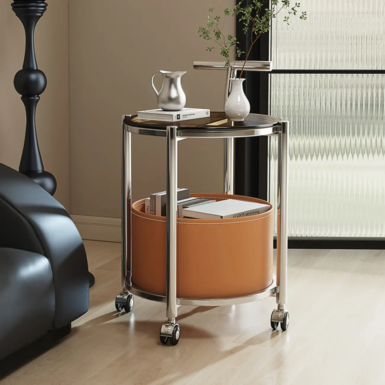 Convenient 2 Tiers Orange Cylinder Leather Side Table Image - 1