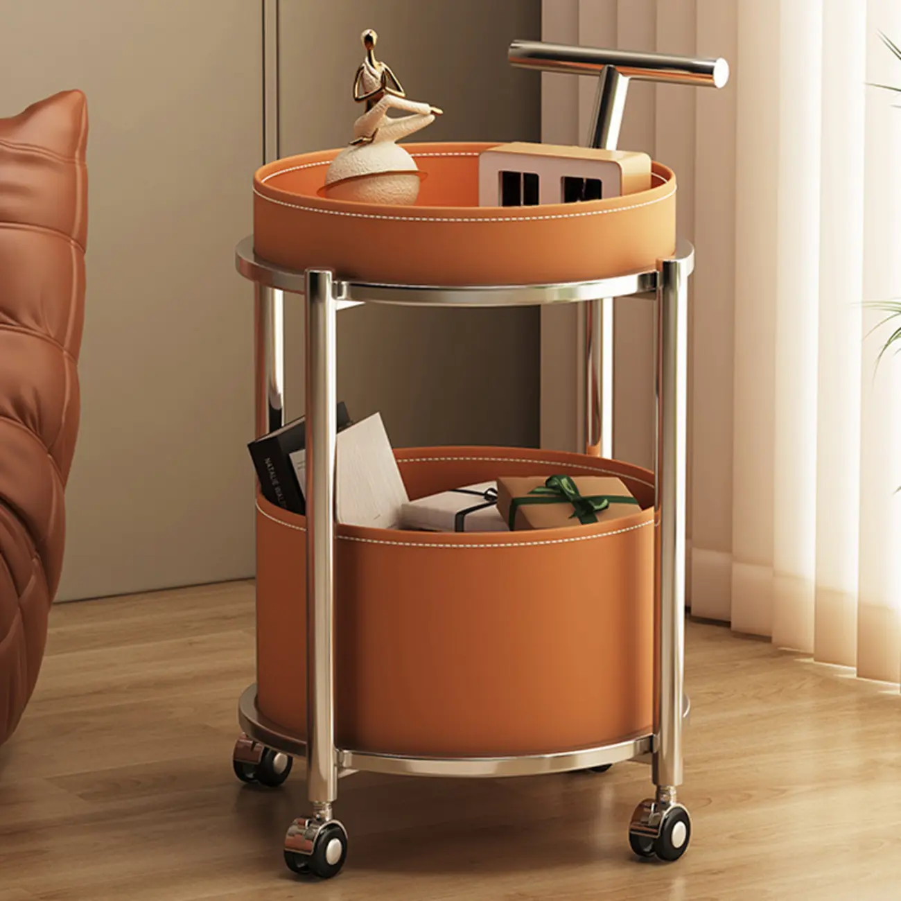 Convenient 2 Tiers Orange Cylinder Leather Side Table Image - 4 | homeyfad