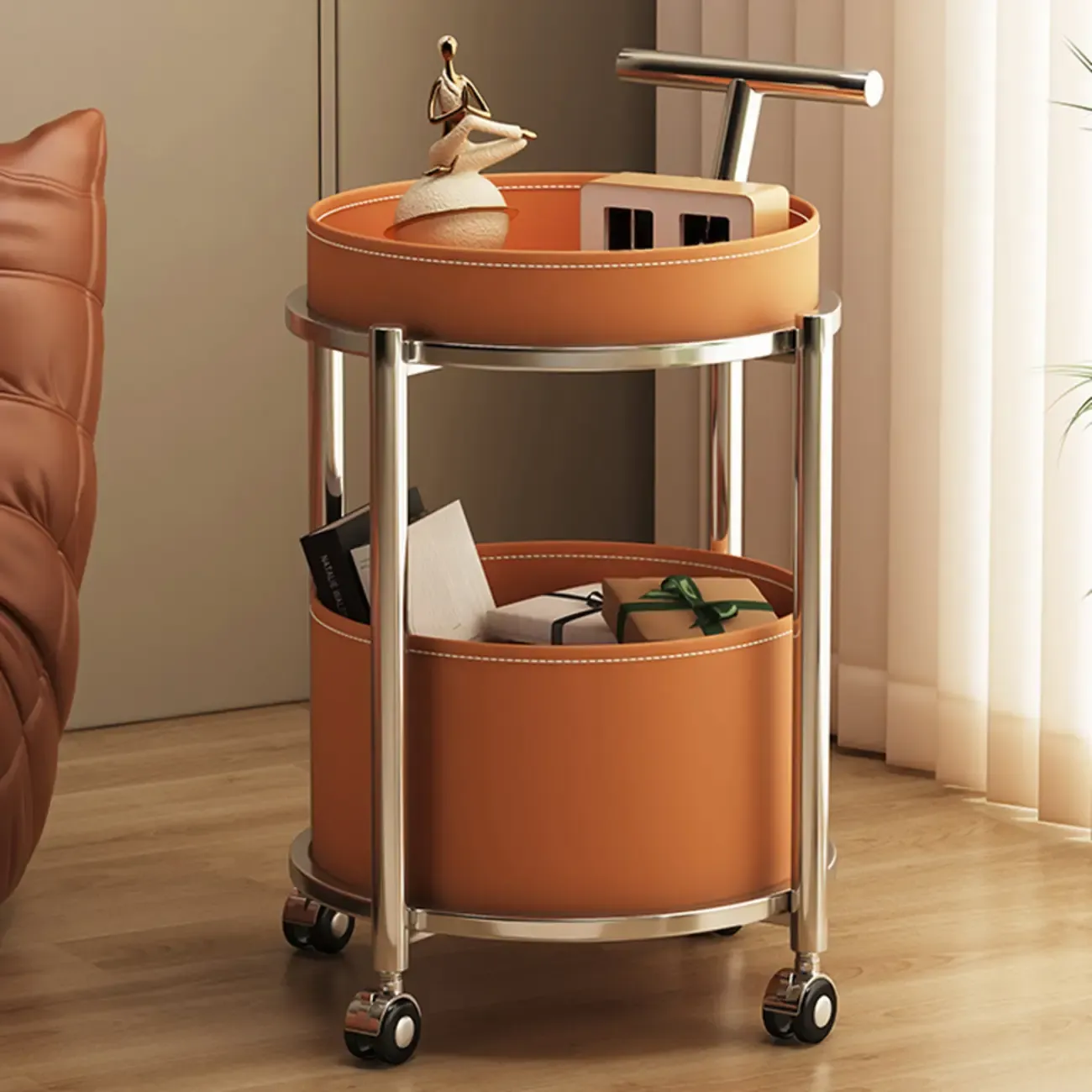 Round 2-tier Orange Leather Side Table with Wheels | HomeyFad
