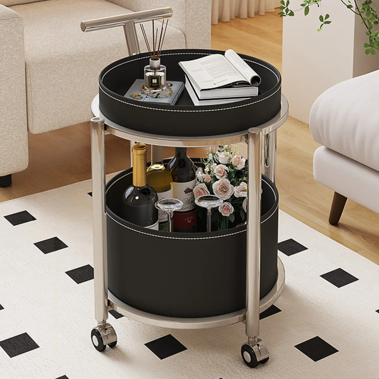 Convenient 2 Tiers Orange Cylinder Leather Side Table Image - 5 | homeyfad