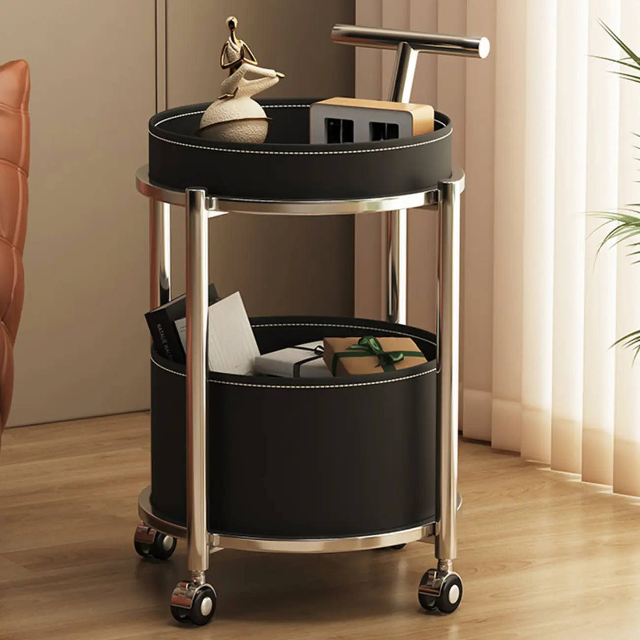 Convenient 2 Tiers Orange Cylinder Leather Side Table Image - 6 | homeyfad