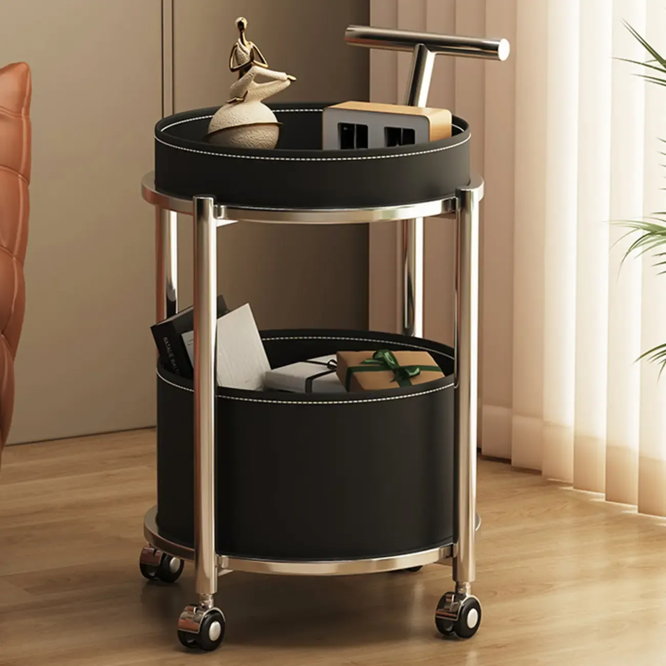 Convenient 2 Tiers Orange Cylinder Leather Side Table Image - 6
