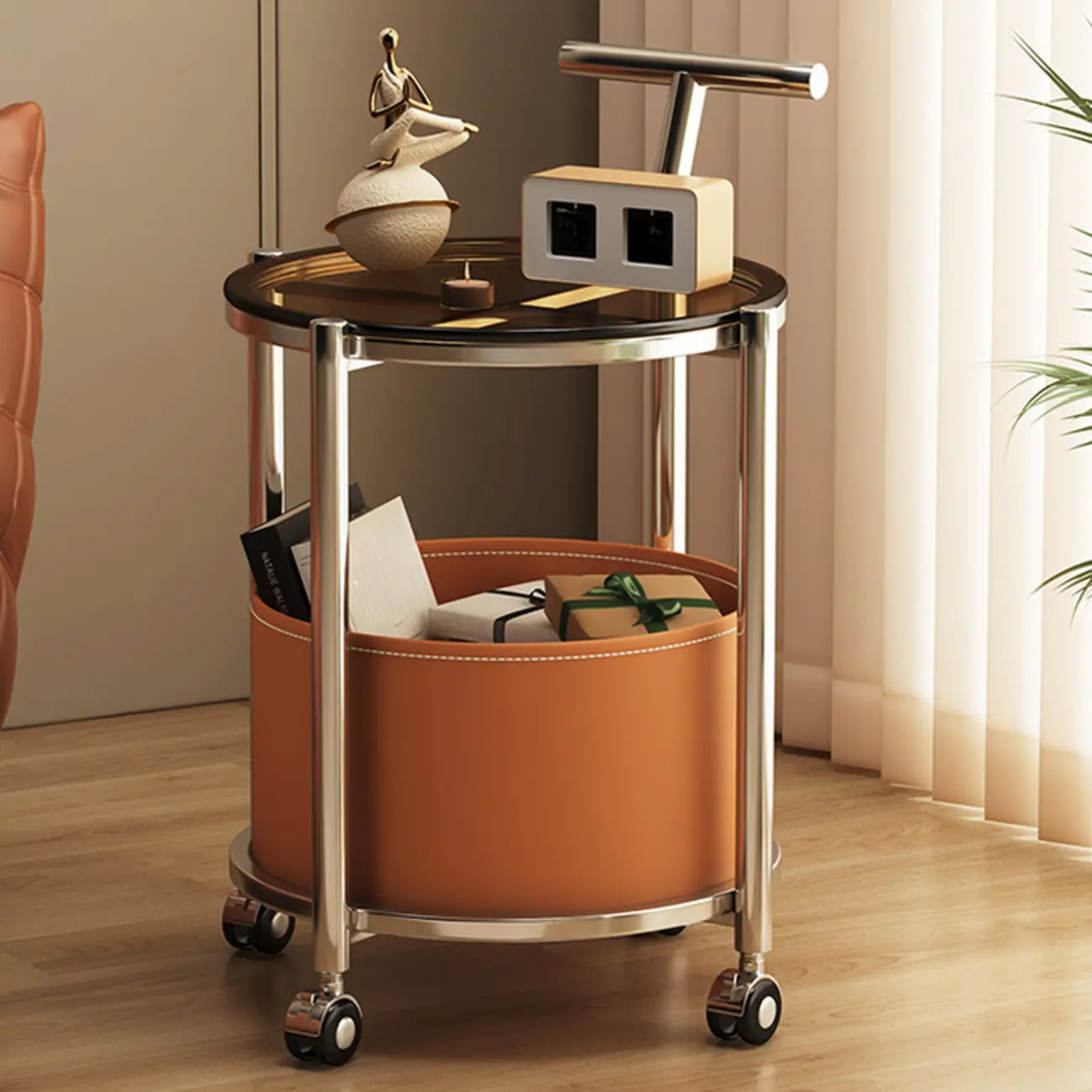 Convenient 2 Tiers Orange Cylinder Leather Side Table Image - 8 | homeyfad