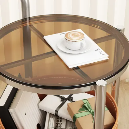 Convenient 2 Tiers Orange Cylinder Leather Side Table Image - 11