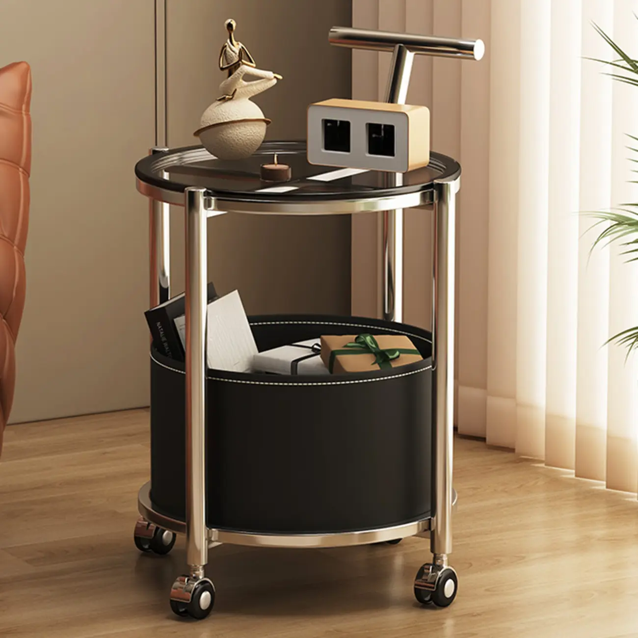 Convenient 2 Tiers Orange Cylinder Leather Side Table Image - 13 | homeyfad