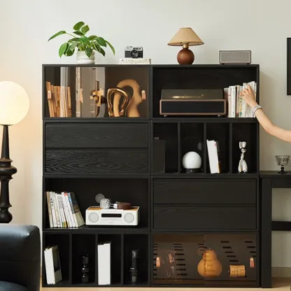 Scandinavian Black Wood Short Closed Back Bookcase Image - 2