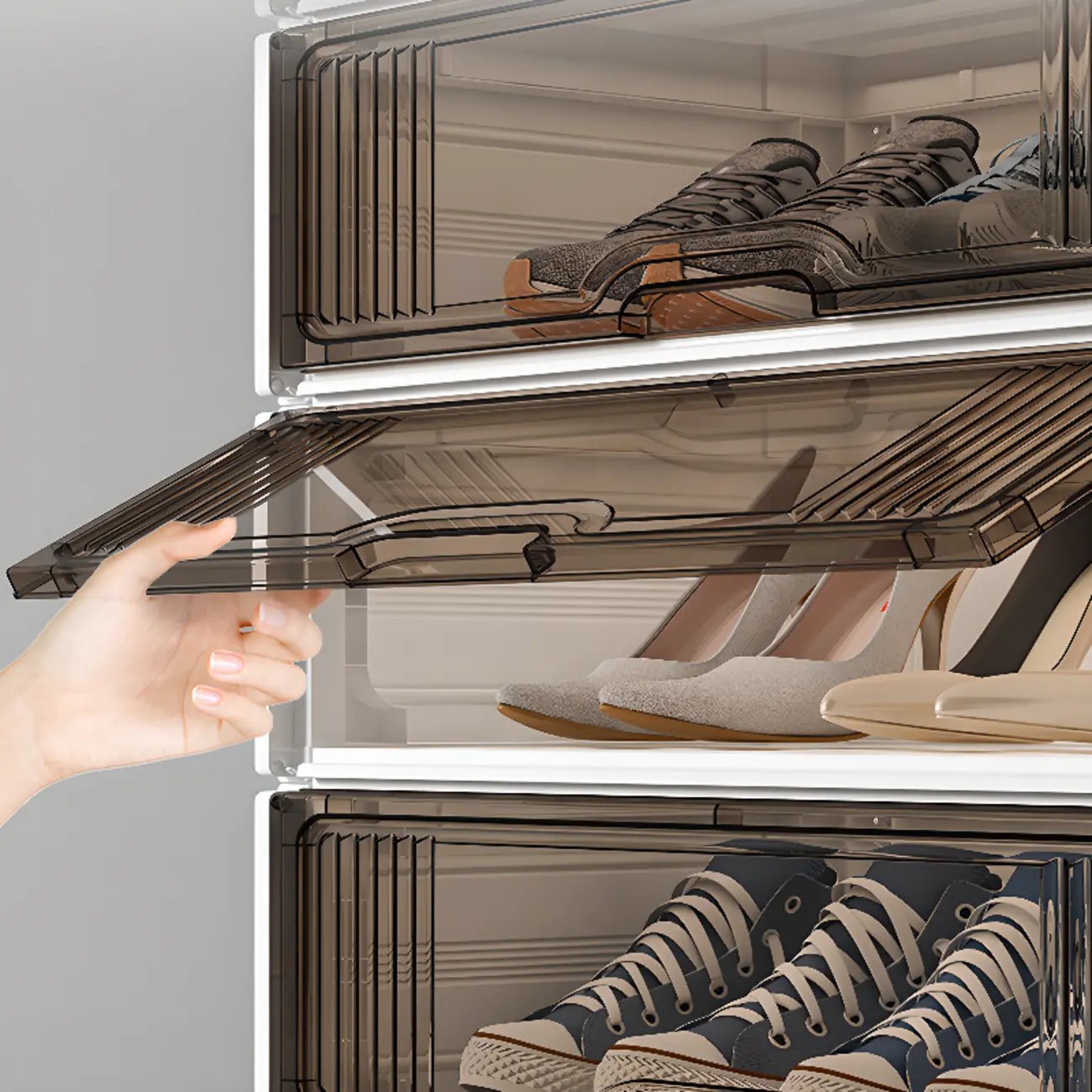 Durable Flip-up Glam Plastic Clear Shoe Boxes Stackable Image - 3 | homeyfad