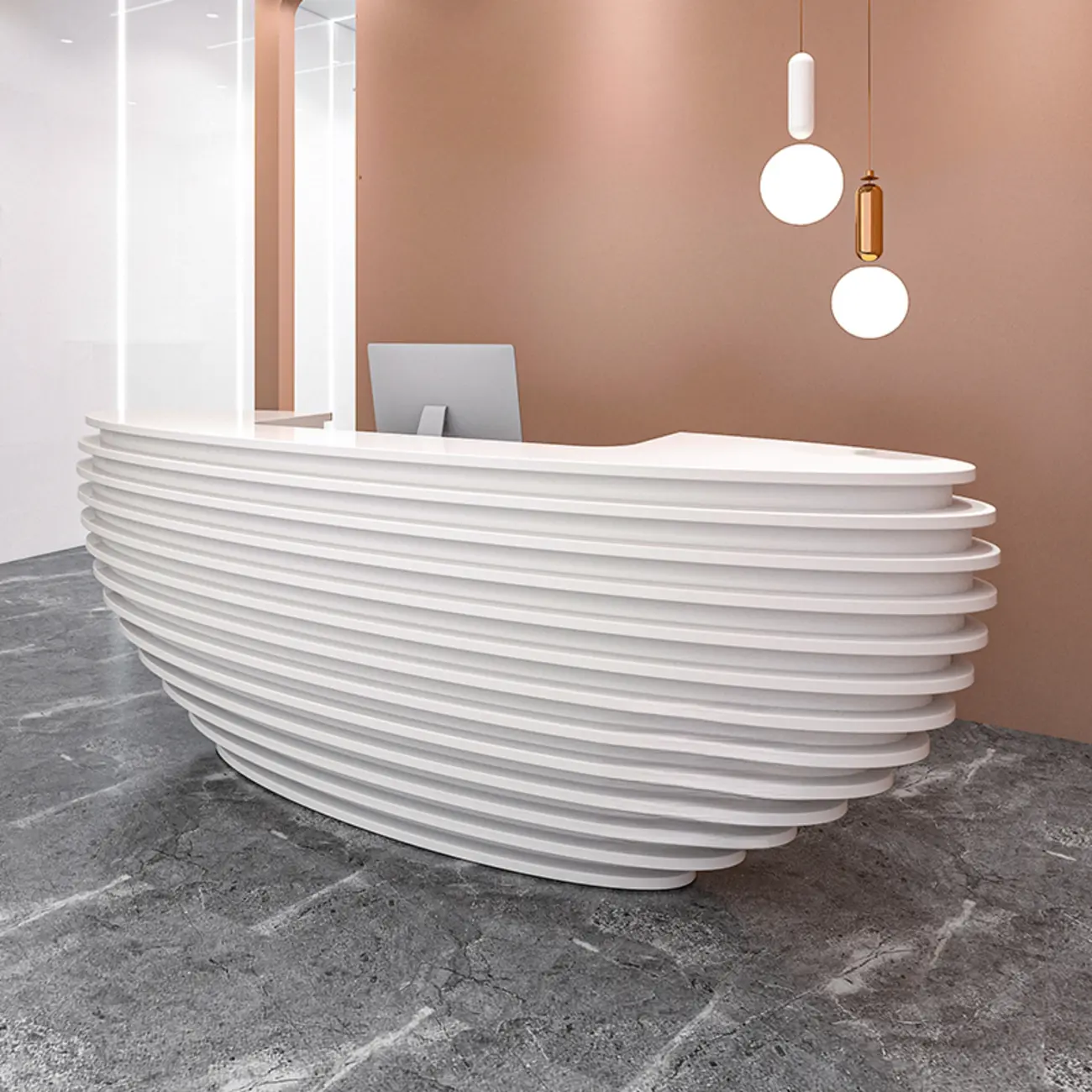Contemporary White Wood Curved Reception Desk with Storage Image - 1 | homeyfad