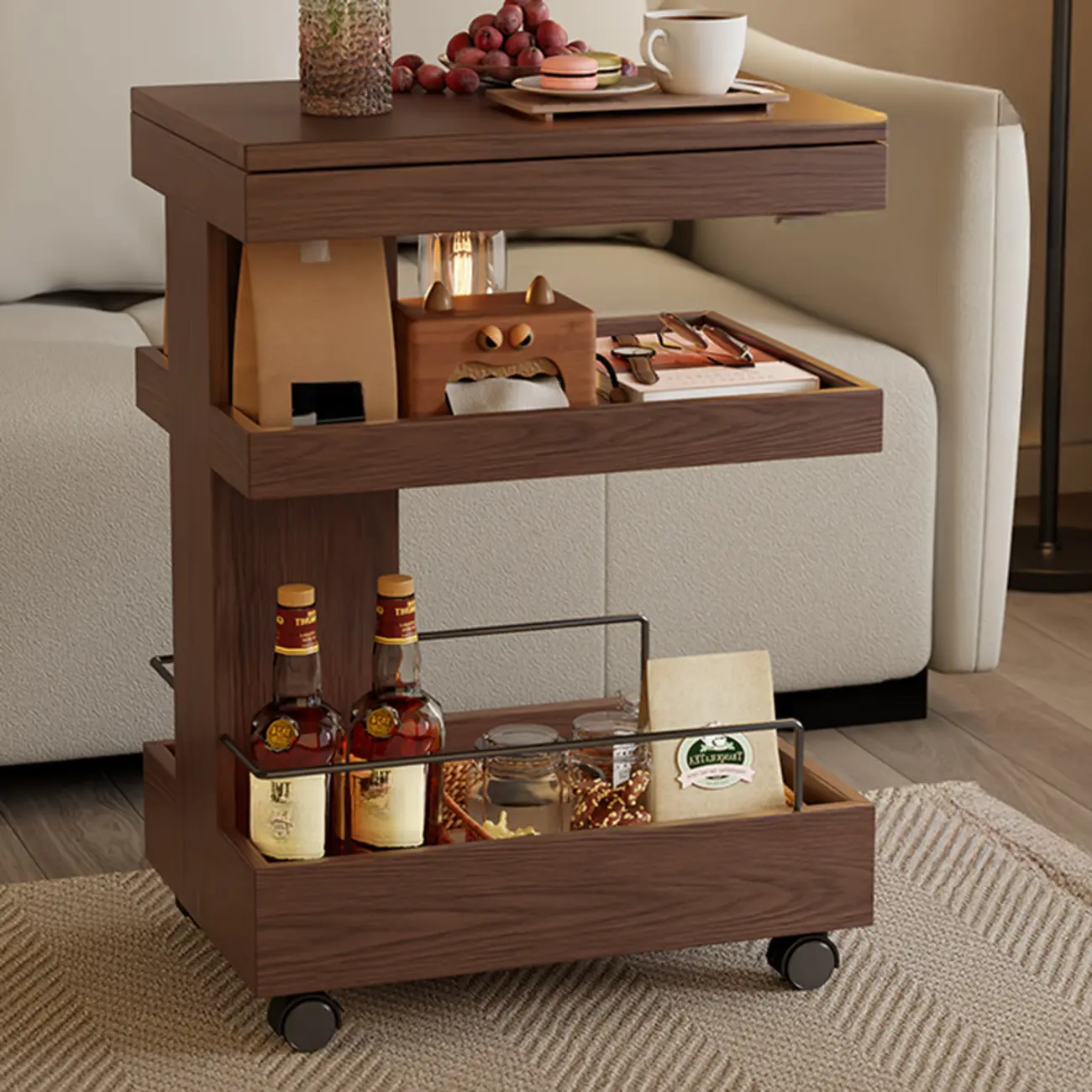 Brown Wood Rectangular 3-Tier Rolling Side Table Image - 1 | homeyfad