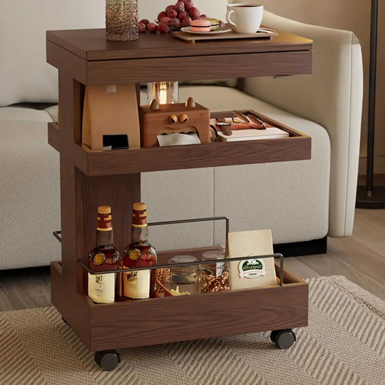 Mid-century Modern Wood 3-tier Rolling Side Table | HomeyFad