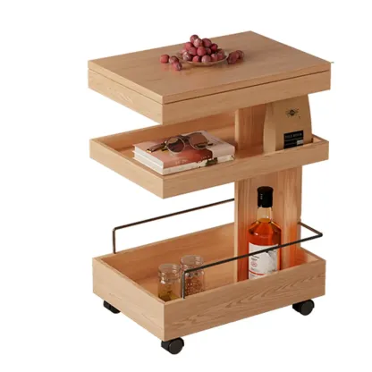 Brown Wood Rectangular 3-Tier Rolling Side Table Image - 7