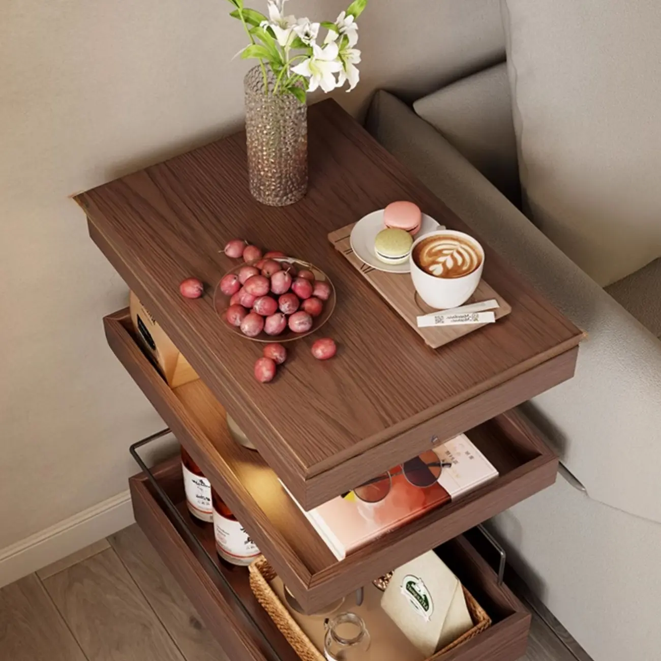 Brown Wood Rectangular 3-Tier Rolling Side Table Image - 2 | homeyfad