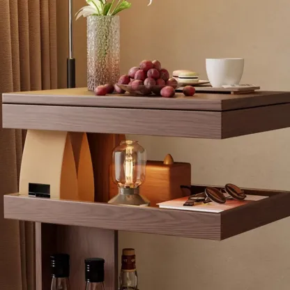 Brown Wood Rectangular 3-Tier Rolling Side Table Image - 3