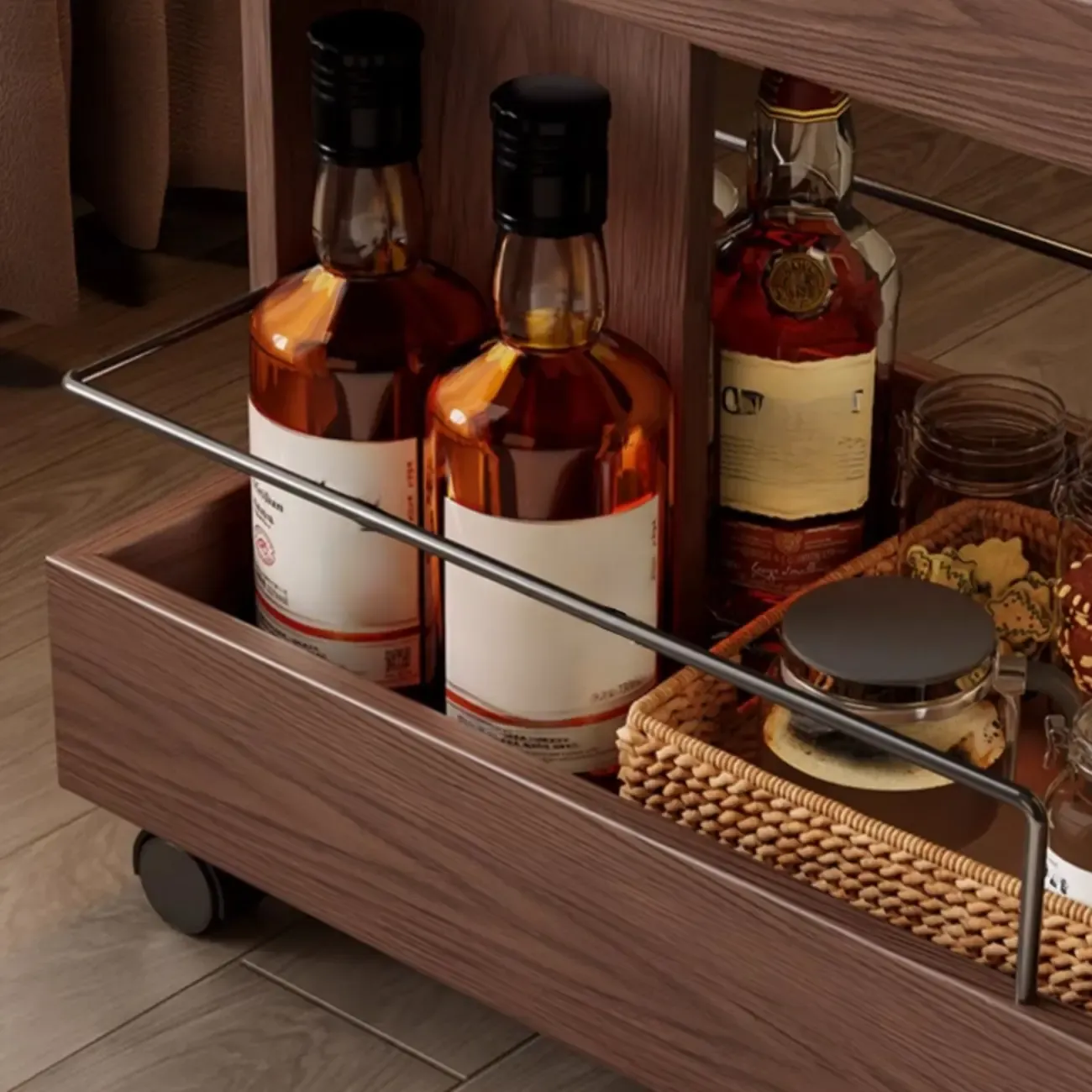 Brown Wood Rectangular 3-Tier Rolling Side Table Image - 5