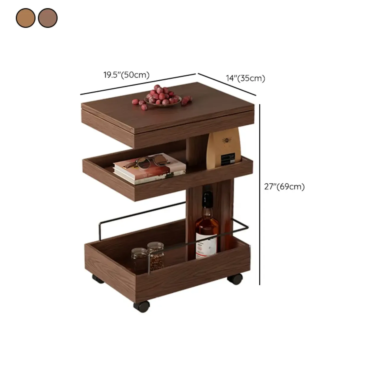 Brown Wood Rectangular 3-Tier Rolling Side Table #size