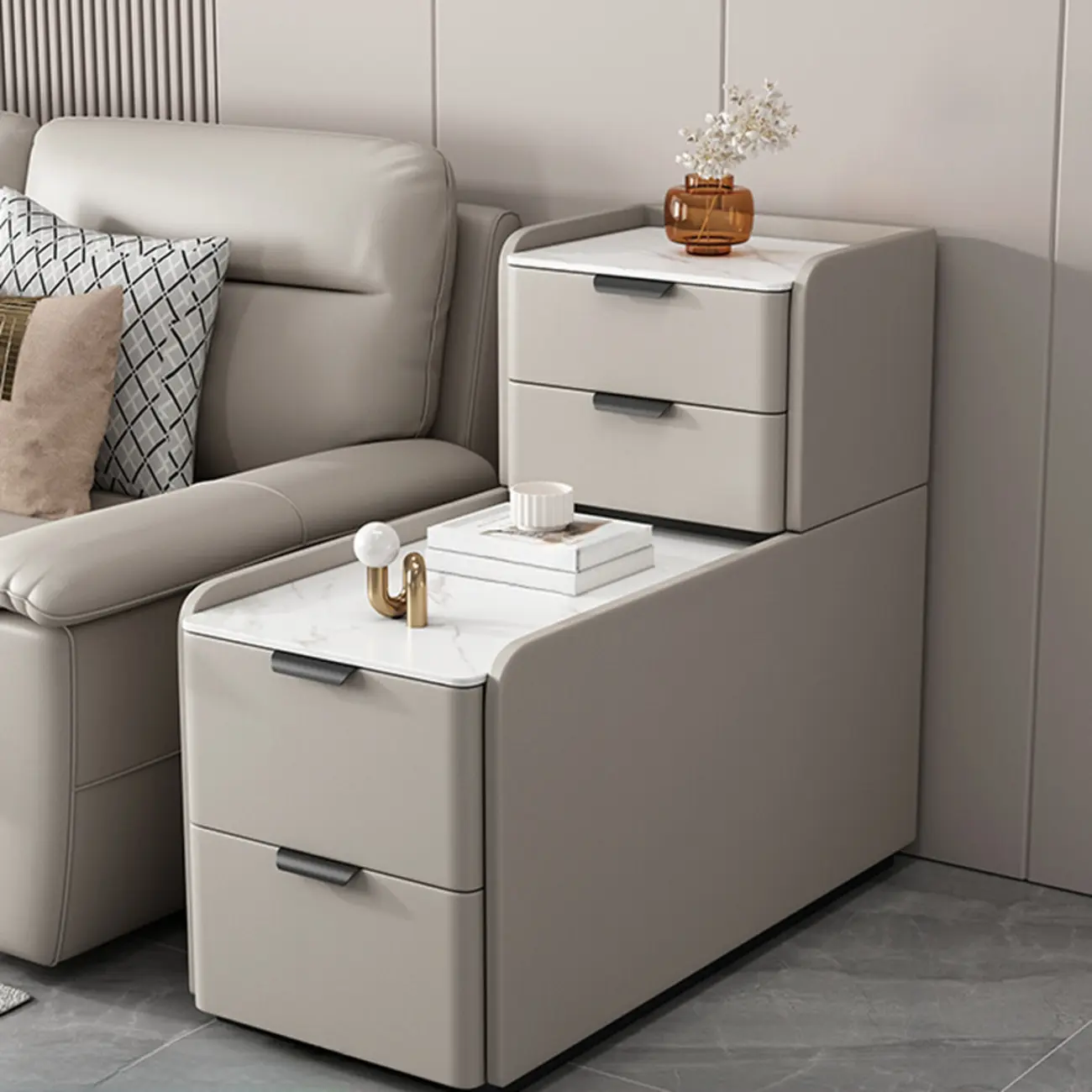 Elegant 4 Drawers Stone Top Wood L-Shaped Tall End Table Image - 6 | homeyfad