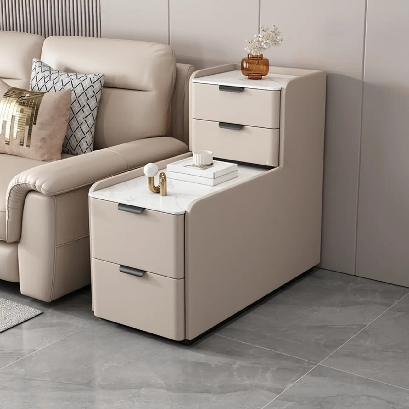 Elegant 4 Drawers Stone Top Wood L-Shaped Tall End Table Image - 1 | homeyfad