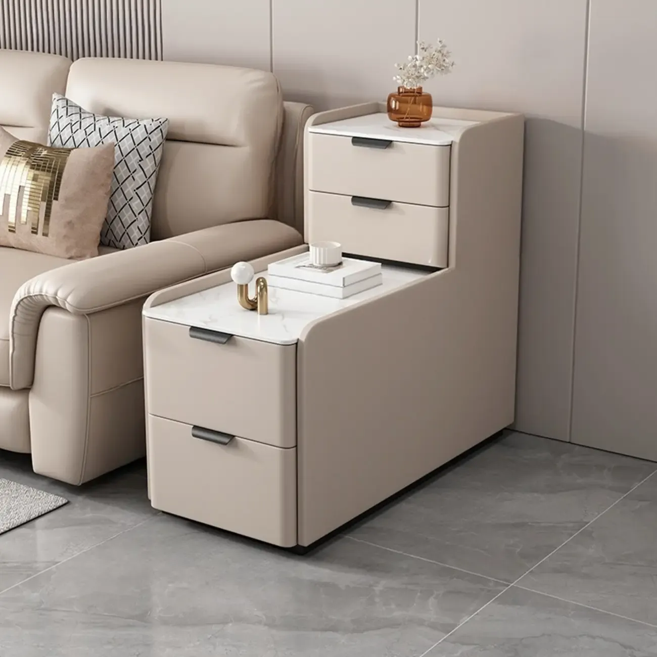 L-shaped Stone Top Narrow Sofa Side Table with Storage | HomeyFad