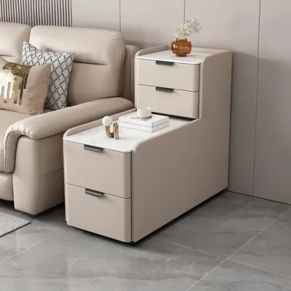 Elegant 4 Drawers Stone Top Wood L-Shaped Tall End Table Image - 1