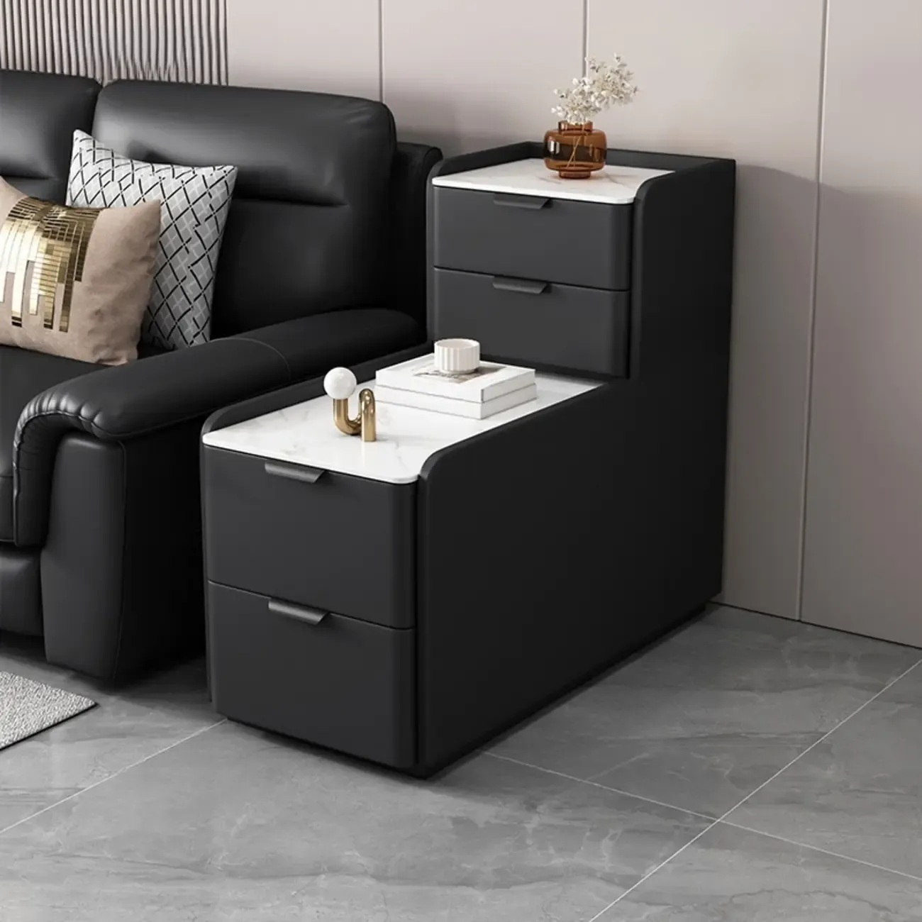 Elegant 4 Drawers Stone Top Wood L-Shaped Tall End Table Image - 3