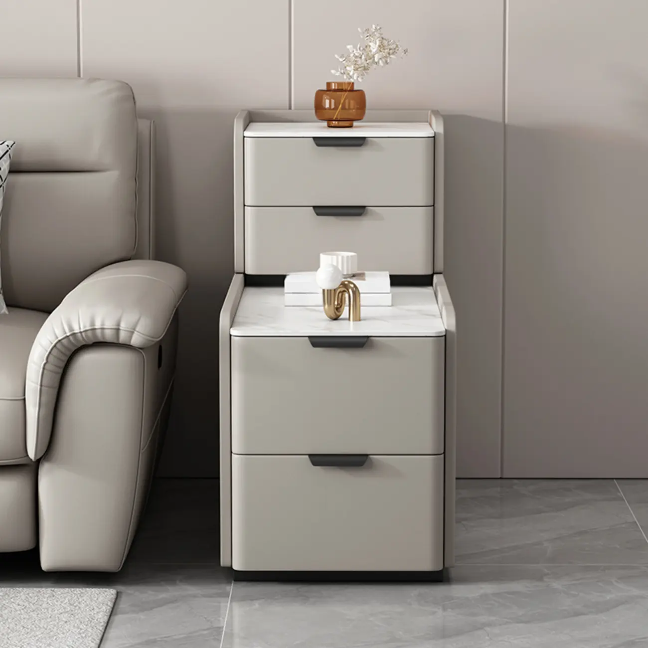 Elegant 4 Drawers Stone Top Wood L-Shaped Tall End Table Image - 7 | homeyfad