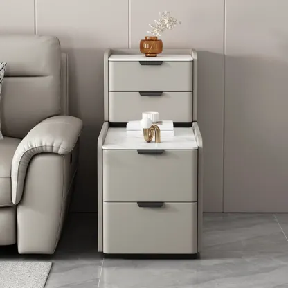 Elegant 4 Drawers Stone Top Wood L-Shaped Tall End Table Image - 7