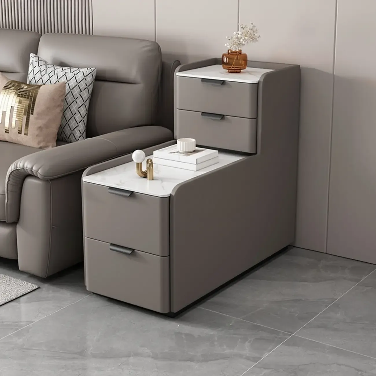 Elegant 4 Drawers Stone Top Wood L-Shaped Tall End Table Image - 4