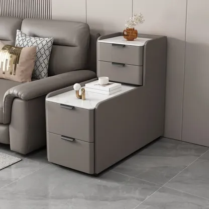 Elegant 4 Drawers Stone Top Wood L-Shaped Tall End Table Image - 4