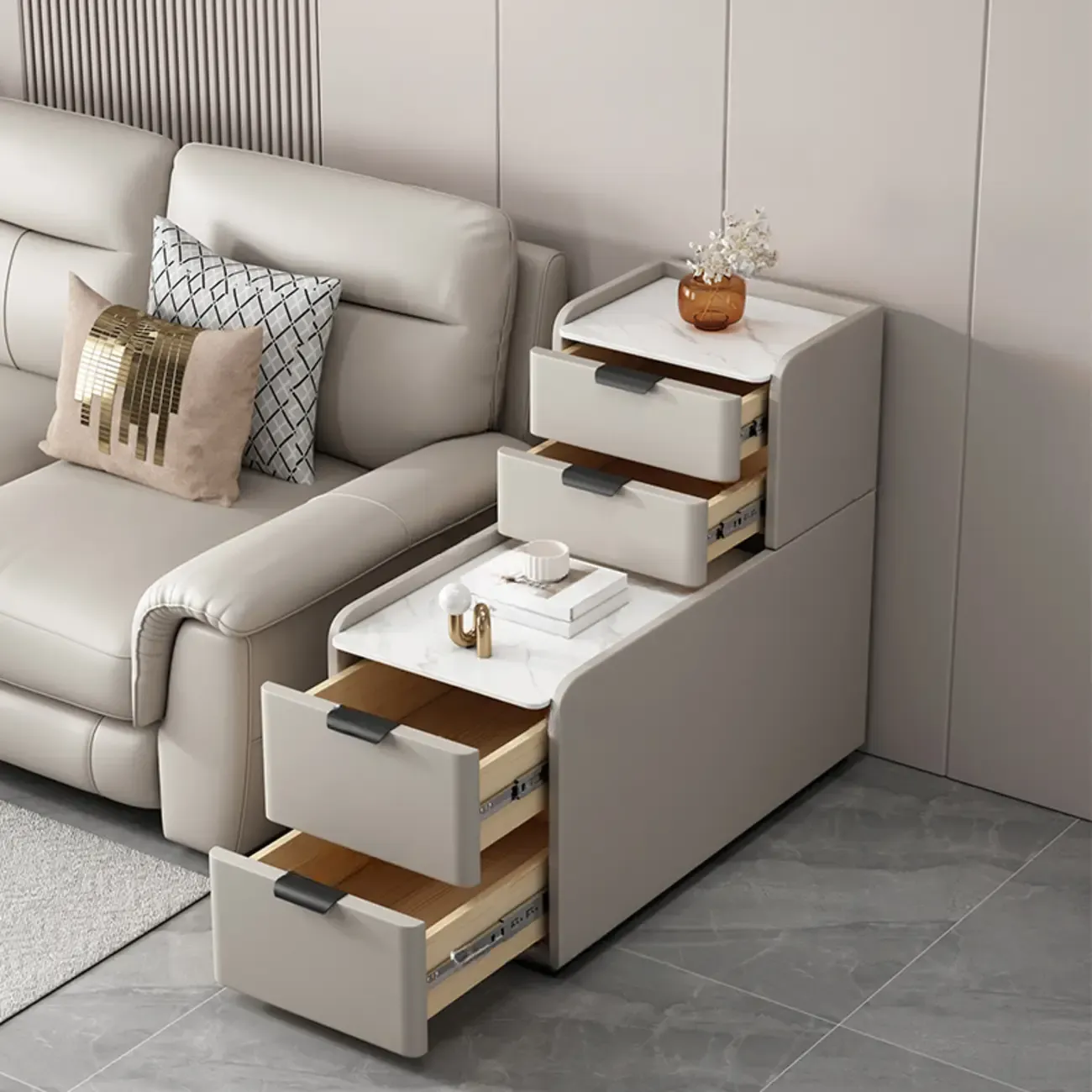 Elegant 4 Drawers Stone Top Wood L-Shaped Tall End Table Image - 2