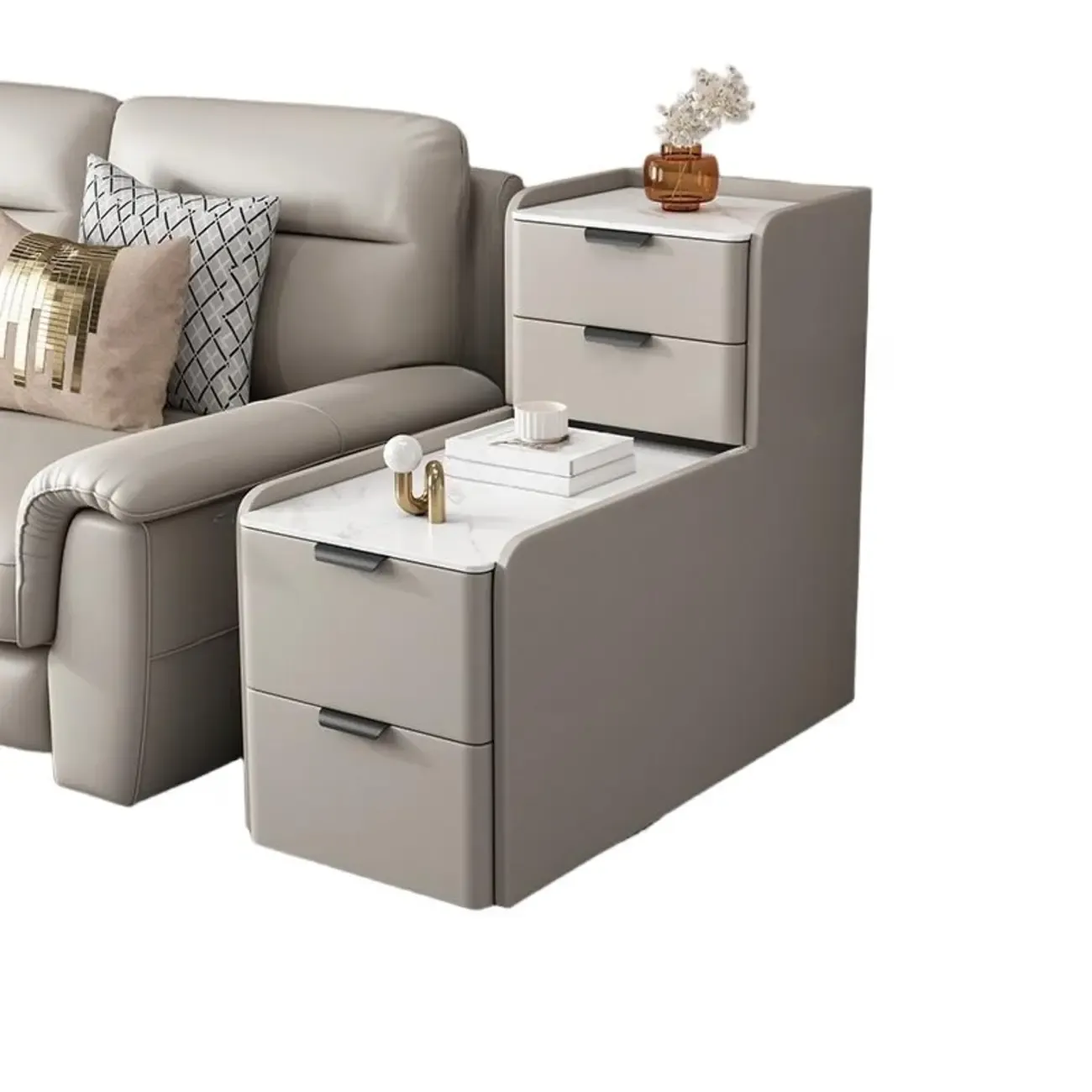 Elegant 4 Drawers Stone Top Wood L-Shaped Tall End Table Image - 11