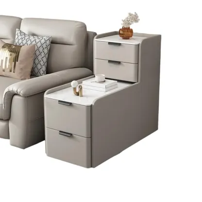 Elegant 4 Drawers Stone Top Wood L-Shaped Tall End Table Image - 11