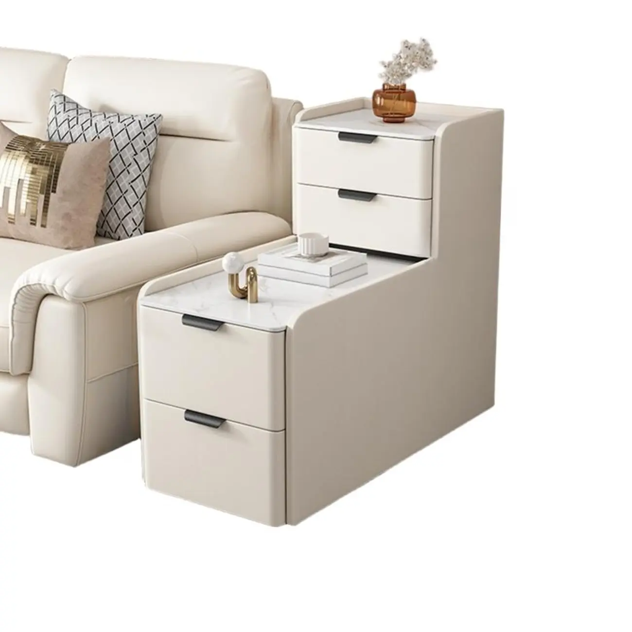 Elegant 4 Drawers Stone Top Wood L-Shaped Tall End Table Image - 8 | homeyfad